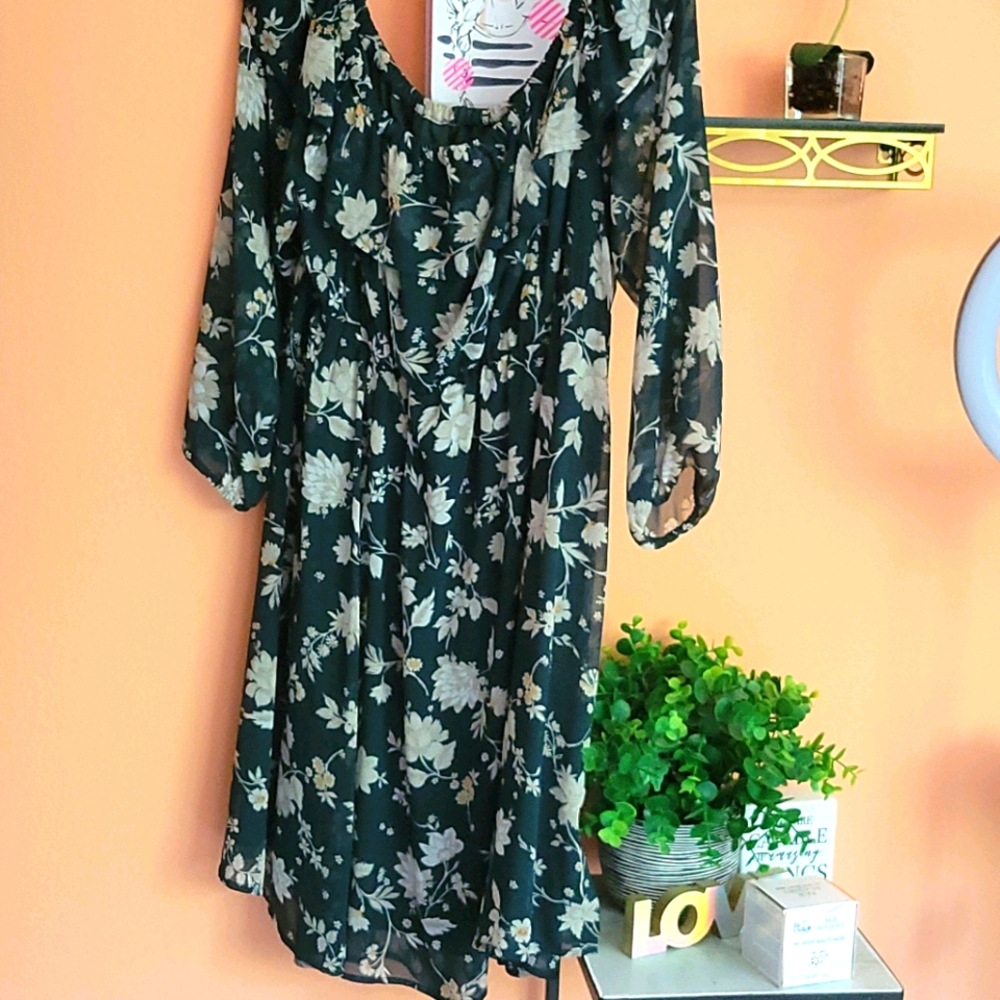 GREEN FLORAL PRINT CHIFFON OFF SHOULDER SKATER DRE